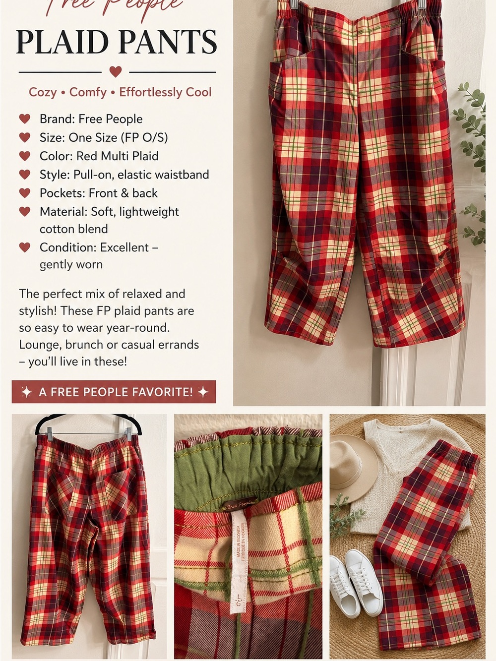 Free People Red Multi Plaid Cotton-Blend Pull-On Pants